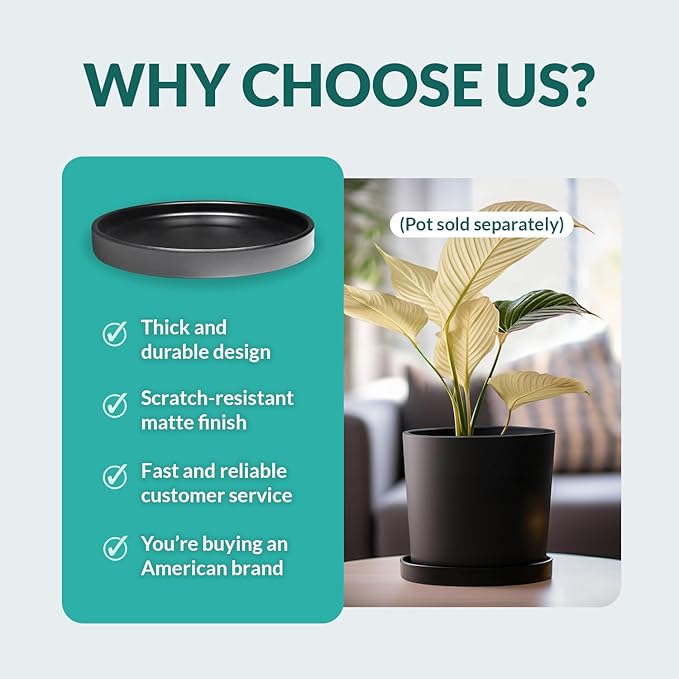 Heavy Duty Ceramic Black Plant Saucer - with Silicone Feet for Added Surface Protection - Scratch-Resistant Plant Drip Trays for Pots 8.3" at the Base or Less, Plant Plate, 7-8 Inch Plant Saucer