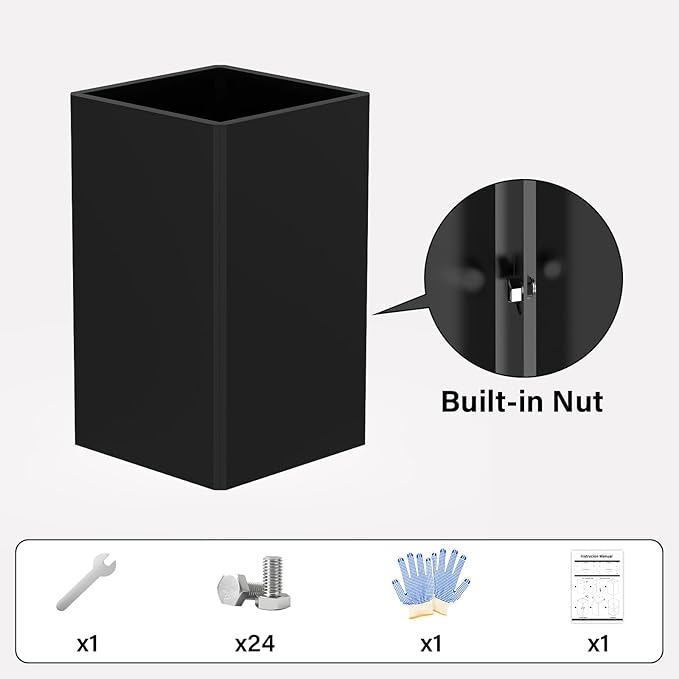 24" Tall Planter for Outdoor Plants, Modern Large Outdoor Galvanized Steel Flower Pots, Front Porch Decor, Garden Pots, Black Planters for Indoor/Outdoor, Patio, Balcony