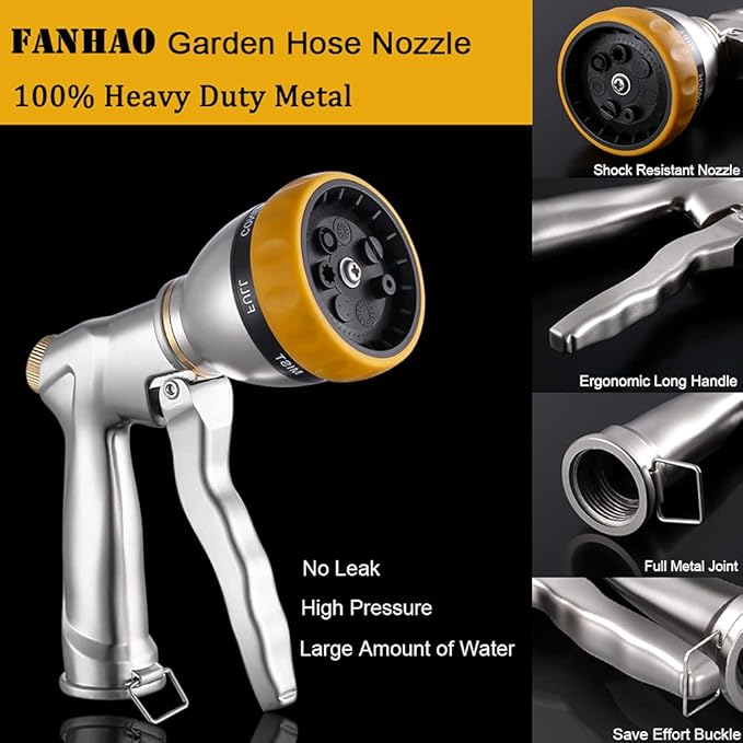 FANHAO Garden Hose Nozzle Heavy Duty, 100% Metal Spray Nozzle High Pressure Water Hose Nozzle with 7 Patterns for Watering Garden, Washing Cars and Showering Pets