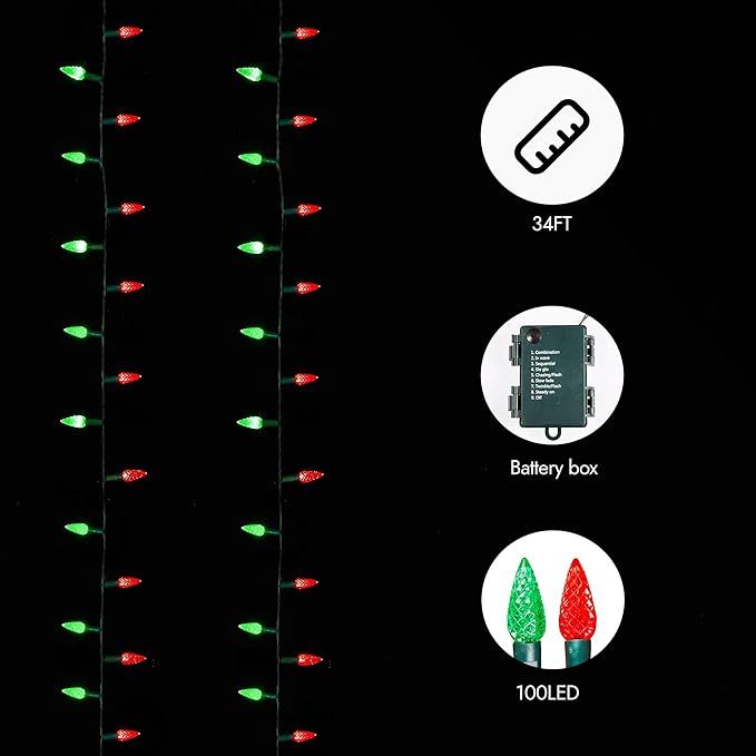 WBao C6 Battery Operated Christmas Lights, 100 LED 34ft String Lights with 8 Modes, Auto Timer, Waterproof for Indoor Outdoor Christmas Trees, Fence, Garlands, Stairs Xmas Decorations, Red Green