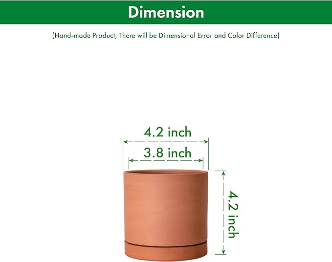 D'vine Dev X-Small 4 Inch Terracotta Plant Pot with Drainage Hole and Saucer, Round Cylinder Planter Pot for Indoor Plants, 40-X-A-1