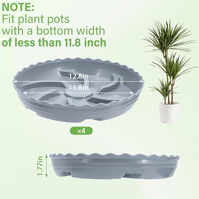 4 Pack 12 Inch Plant Trays for Pots, Raised Ridge Plant Saucers,6 8 10 14 Inch Durable Plastic Plant Pot Saucer,Gray Round Plant Water Catcher Tray for Indoors and Outdoors (Gray, 12‘’4pack)