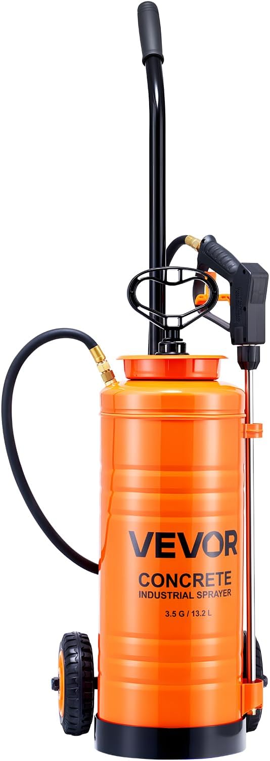VEVOR Industrial Concrete Sprayer with Wheeled Cart, 3.5 Gallon Stainless Steel Sprayer, Heavy Duty Tri-Poxy Pump Sprayers, 20.5"Wand, 48" & 120"Hoses, 2 Brass Nozzles for Construction, Lawn & Garden