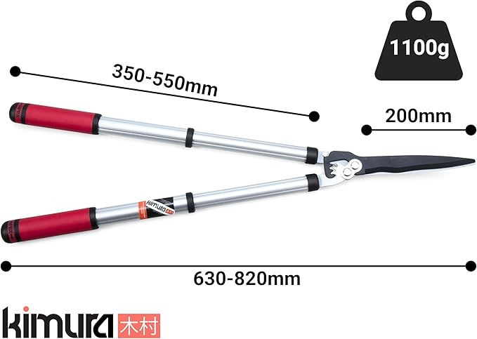 Kimura® Pro Telescopic Garden Shears - Premium Hedge Shears, Patented Gearing Technology, Lightweight Extendable Aluminium Handles, Japanese SK5 Steel Blades, Heavy Duty Gardening Shears - 650-850mm