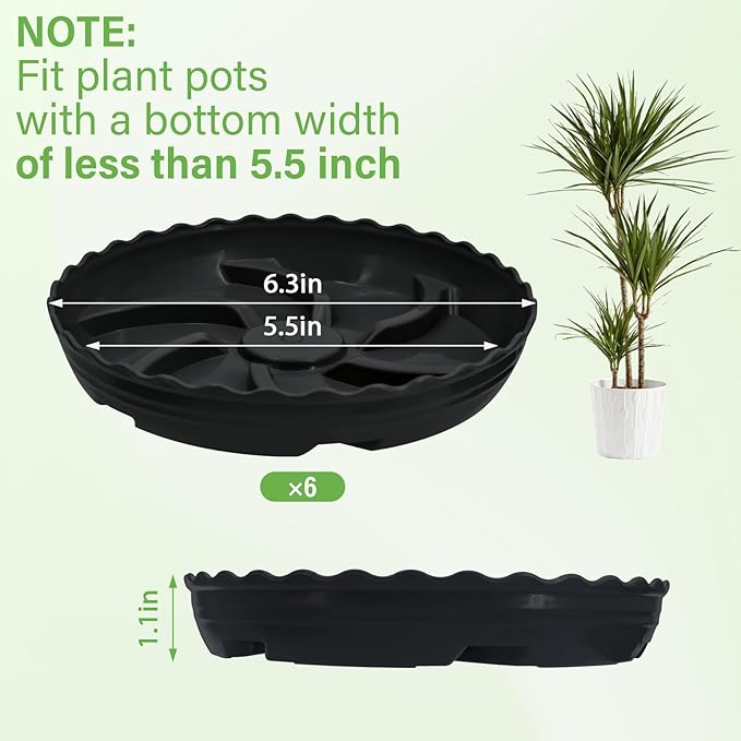 6 Pack 6 Inch Plant Trays for Pots, Raised Ridge Plant Saucers,8 10 12 14 Inch Durable Plastic Plant Pot Saucer,Black Round Plant Water Catcher Tray for Indoors and Outdoors(Black, 6''6pack)