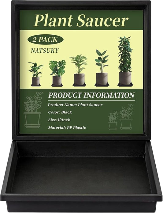 NATSUKY Square Plant Saucer 10 Inch 2 Pack, 8 10 12 14 Inch Plant Trays for Indoors Heavy Duty Plastic Flower Plants Saucers for Pots Outdoors No Holes Drip