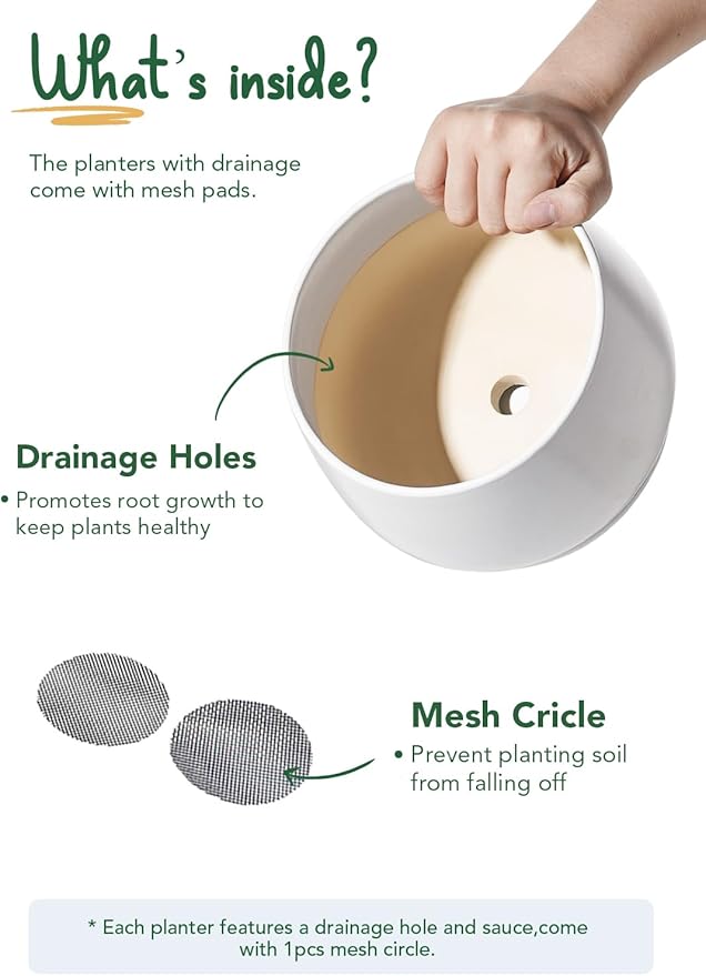 LE TAUCI Ceramic Plant Pots, 4.1+5.1+6.5 inch, Set of 3, Planters with Drainage Hole and Saucer, Indoor Flower Pot with Hole Mesh Pad, Gifts for Mom, White