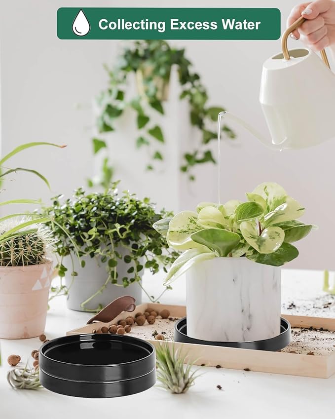 vensovo 7 Inch Black Ceramic Plant Saucer Pots Tray -2 Pcs Round Planter Saucers for Indoor & Outdoor Plants, Large Trays Perfect for 5 Inch 6Inch Flower Pot