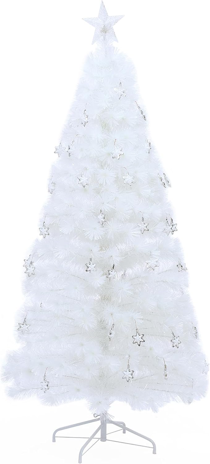 LuxenHome 6FT White Christmas Tree, 13 Lighting Funtions Artificial Fiber Optic Christmas Tree with 227 LED Lights, 432 PVC and Bristle Tips, Plug-in White Xmas Trees for Living Room, Entryway Decor