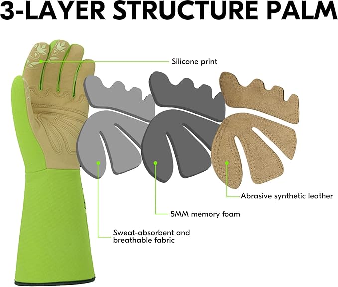 Vgo... 1-Pair Ladies' Synthetic Leather Gardening Gloves, Long Sleeves Gauntlet, Breathable & Grip Work Gloves, High Dexterity, Washable (Size L, Green, SL7445)