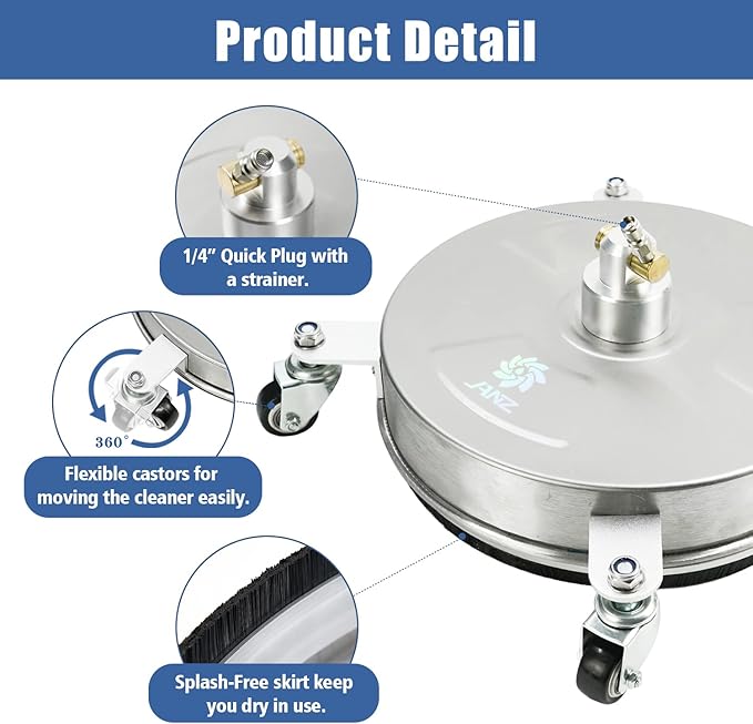 janz 14" Pressure Washer Surface Cleaner with 4 Wheels, Stainless Steel Housing, 1/4" Quick Plug, 2 Extension Wands, 2 Replacement Nozzles and 3 Spray Nozzles, 4000 PSI