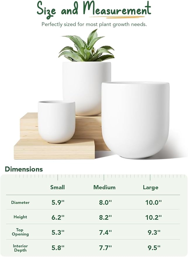 LE TAUCI 6+8+10 Inch Ceramic Pots for Plants, Plant Pots Indoor with Drainage Hole and Plug, Planter Pots for Home Office Room Patio, Set of 3, White