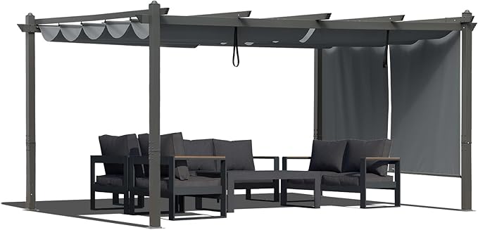 BPS 12x16 FT Outdoor Pergola - Retractable Shade Canopy with Aluminum Frame & Roller Shade Curtains for Patio, Backyard, or Deck, Gray