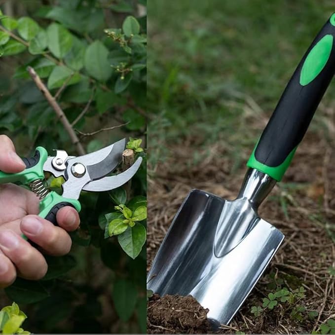 7-Piece Gardening Tools Set for Women, Heavy Duty Gardening Hand Tools, Outdoor Gardening Hand Tools with Non-Slip Green Rubber Handle. Indoor mini Gardening Potting Set (7) (Off-White)