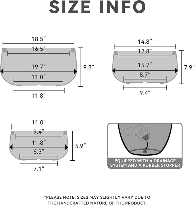 Kante 19.6",15.7",11.8" Dia Round Concrete Planters Set of 3, Outdoor Indoor Garden Plant Pots with Drainage Hole and Rubber Plug, Modern Curvaceous Design, Charcoal