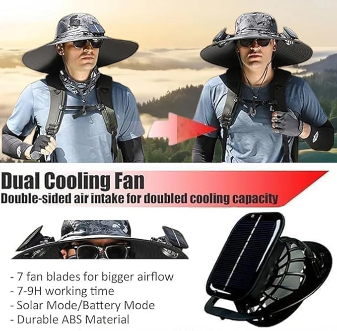 Solar Fan Hat Wide Brim Solar Fan Outdoor Fishing Hat Solar Powered Fan Sun Hat with 2 Removable Fans for Hiking Gardening