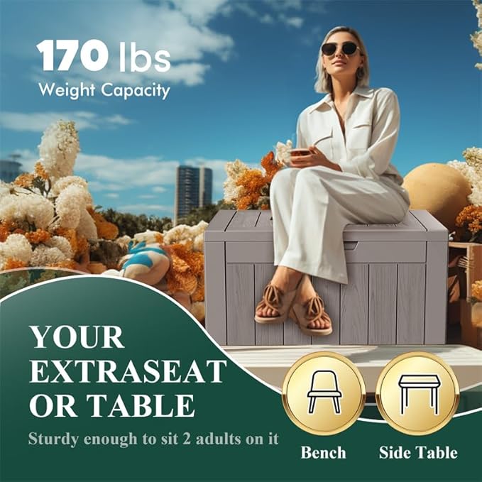 30 GallonOutdoor Storage Box,Resin Deck Boxes Waterproof, IndoorOutdoor Bin for Package Delivery, Patio Cushions, Gardening Tools, Lockable, UV Resistant