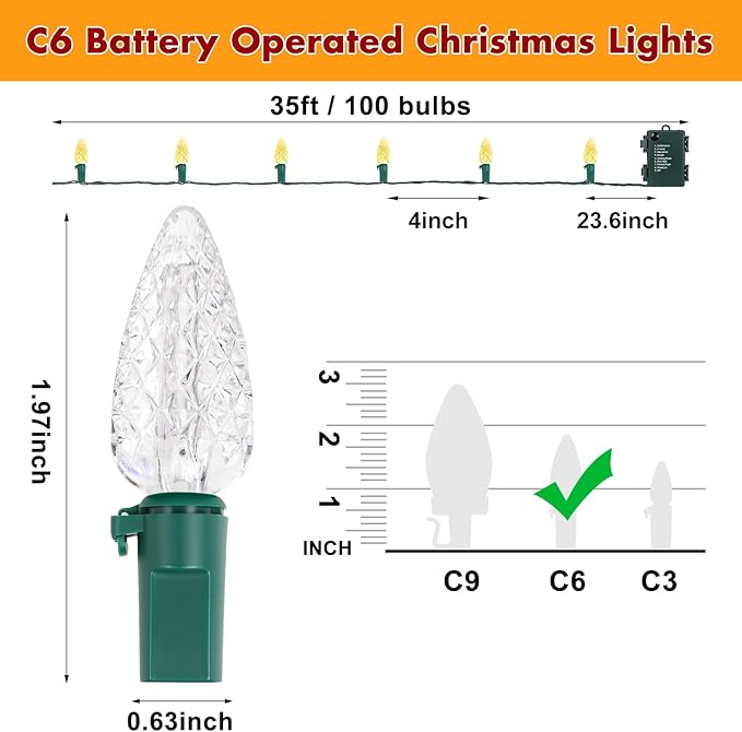 Brightever C6 Christmas Lights Battery Operated, 35FT 100LED Christmas Lights Indoor with Timer & 8 Lighting Modes, Strawberry String Light for Xmas Trees, Wreaths, Decoration, Warm White, 1-Pack