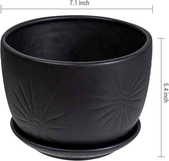 MyGift 7 Inch Round Matte Black Ceramic Plant Pot with Drainage Hole and Attached Saucer, Modern Decorative Embossed Sunburst Planter Container for Indoor Home Garden