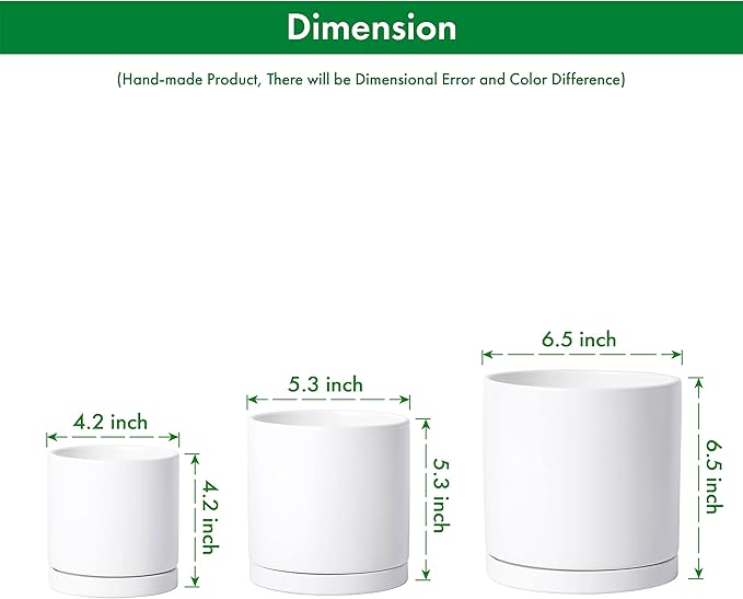 D'vine Dev White Terracotta Pots for Plants, 4.2 Inch 5.3 Inch 6.5 Inch, Succulent Planter Pot with Drainage and Saucer, 40-T-A-1