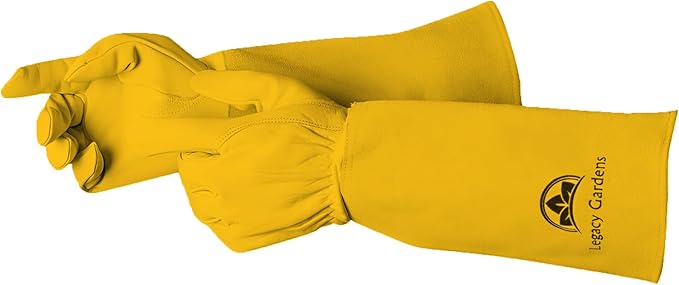 Leather Gardening Gloves for Women & Men, Long Garden Gloves, Cowhide Gauntlet Rose Pruning Thorn Resistant, Forearm Protection, 2XL, Yellow