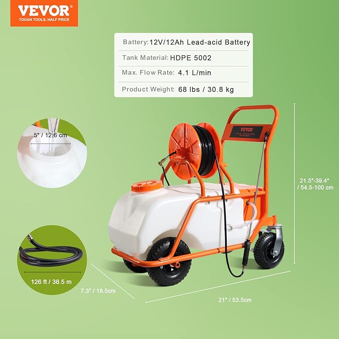 VEVOR Battery Powered 15 Gallon Garden Weed Sprayer with Wheeled Cart, 126FT Hose with Reel, 8 Nozzles, 2 Wands with Lock Trigger, 0-90PSI, 5-6h Spray Time, Wide Mouth Lid, Rotating Wheels with Brake