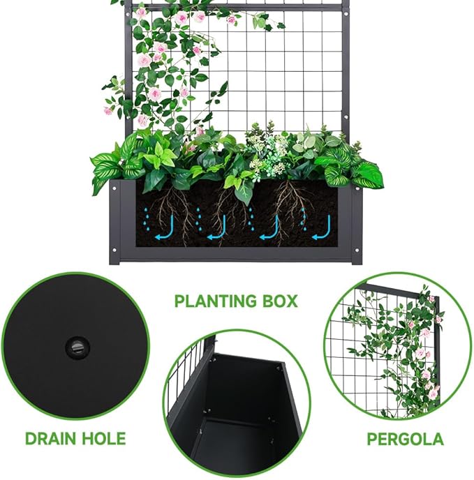 Metal Planter with Trellis Raised Garden Beds Outdoor (35.5" L*12" W*59" H) Inch Planter Box with Trellis&Privacy Screen for Climbing Plants, Vegetables, Vines