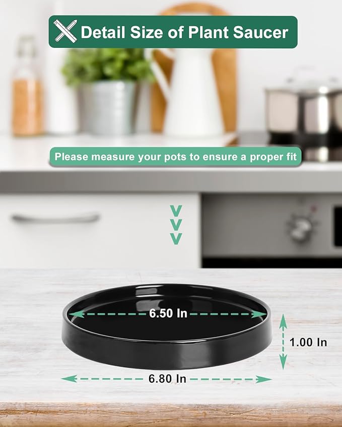 vensovo 7 Inch Black Ceramic Plant Saucer Pots Tray -4 Pcs Round Planter Saucers for Indoor & Outdoor Plants, Large Trays Perfect for 5 Inch 6Inch Flower Pot