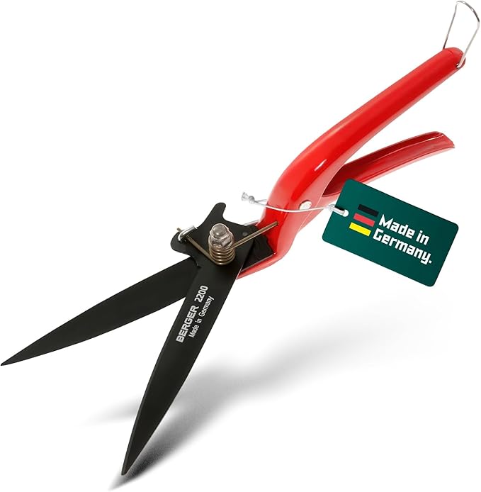 BERGER Commercial Grade Grass Shears, Self-Sharpening Steel Blades with Anti-Stick Coating, Forged Steel Body, Ring Clasp for Hanging Storage, 2200