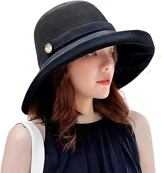 Women Wide Brim Sun Hats Metal Wired Edge Summer UV Protection Beach Fishing Hat for Hiking Garden Travel Chin Strap
