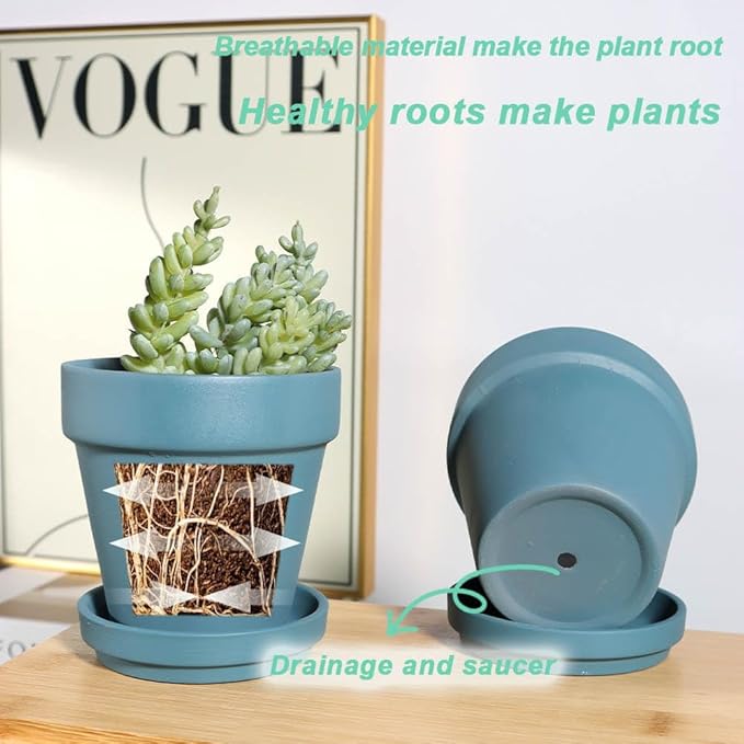 vensovo 4 Inch Small Steel Blue Terracotta Plant Pots with Saucer - 6 Pack Clay Flowerpots with Drainage, Great for Indoor Outdoor Plants, Crafts, Wedding Favor