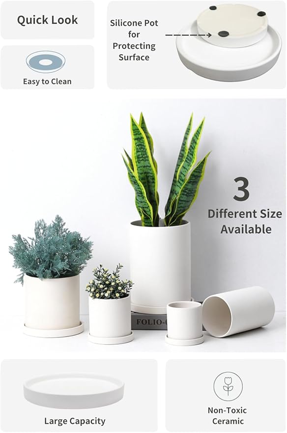 Braque Ceramic Plant Saucer 6.3 Inch, 2 Pack Round Matte White Flower Plant Saucers for Holding Water Drips and Soil, Ceramic Drainage Tray for Plant Pots, Include Silicone Feet Protect Surface