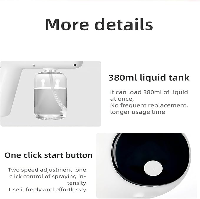 Cordless Electric Fogger, Rechargeable ULV Nano Sprayer with Blue Light, 380ml Nano Spray Gun Handheld Fogger，Electrostatic Portable Sprayer