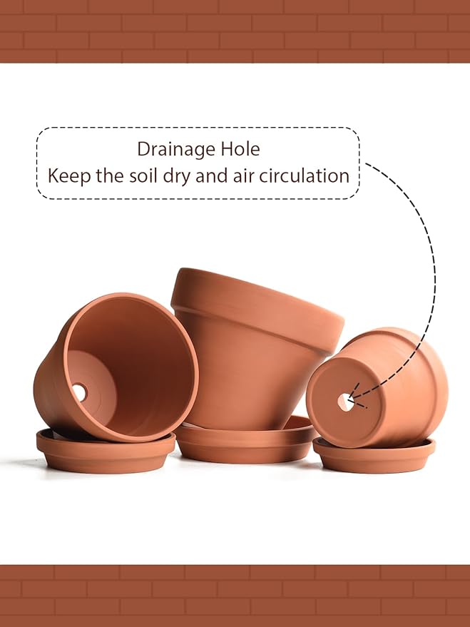 INGOFIN Terracotta Pots Set with Saucer - 5/6/7 inch Ceramic Clay Planters with Drainage Hole, Garden Flower Succulent Pots with Tray for Indoor Outdoor Plants, Set of 3