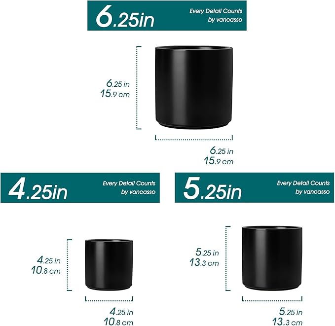 vancasso Ceramic Plant Pots, 4.25+5.25+6.25 Inch Planter Pot with Drainage Hole, Flower Pots for Indoor Outdoor Plants, Set of 3, Black