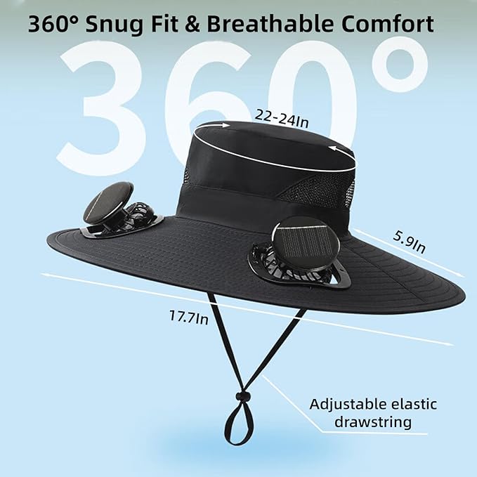 Solar Fan Hat Wide Edge Outdoor, Waterproof Solar Powered Fan Hat with 2 Solar Fan for Men Women, Lightweight Cooling Hats with Detachable and 3-Speed Adjustable Solar Fan Black