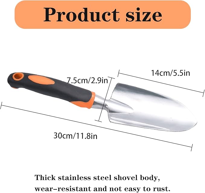 Garden Shovel Hand Trowel Mini Shovel Garden Tools Cast-Aluminum Heavy Duty Gardening Tool Soft Rubberized Non-Slip Handle Potting Tools for Planting, Transplanting, Weeding, Digging Soil (Orange)