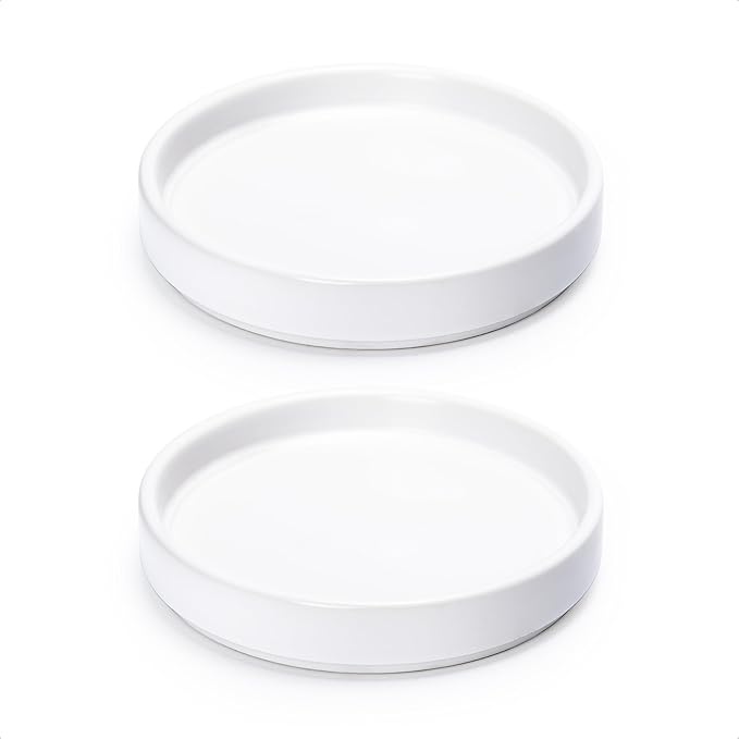 D'vine Dev Modern Round 5.4 Inch Ceramic Plant Pot Saucer, Planter Pot Drainage Tray for Indoor Plants, Set of 2, Matte White, 97-T-A-22