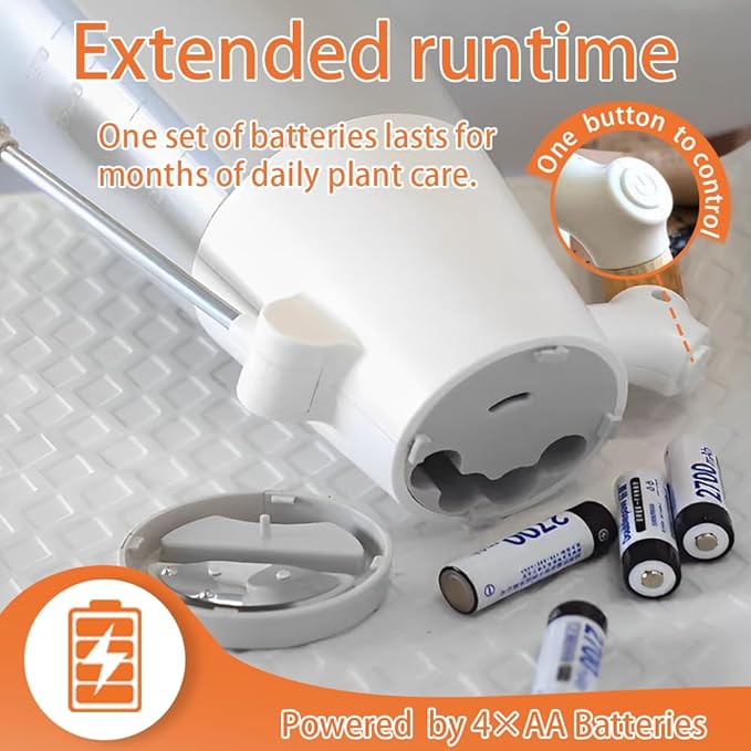 Electric Plant Mister with 180° Adjustable Long Nozzle, 2 Spray Modes, Battery Operated Garden Sprayer for Indoor Outdoor Plants – Minimalist White Design with Wood Grain Handle