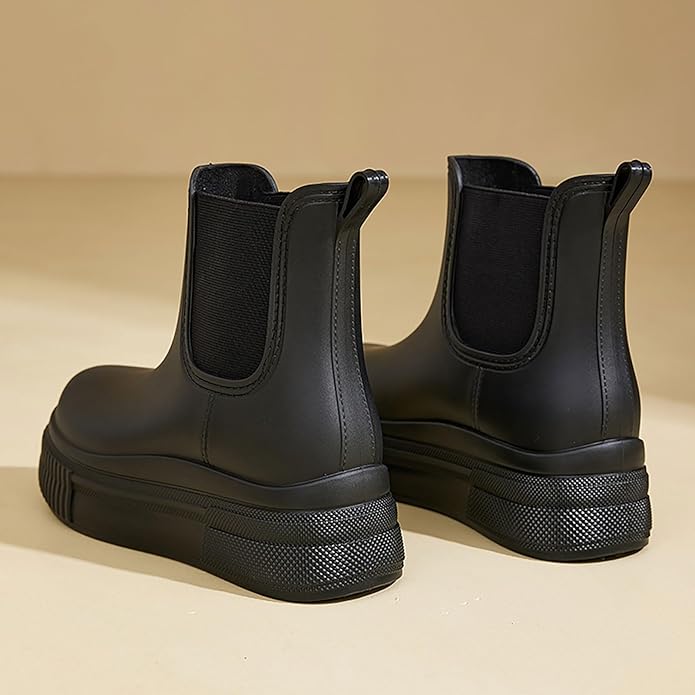 Women's PVC Chunky Platform Ankle Rain Boots Waterproof Slip On Anti-slip Chelsea Boots Comfort Wide-leg Elastic Band Outdoor Rubber Garden Work Rain Boots For Yard Farm