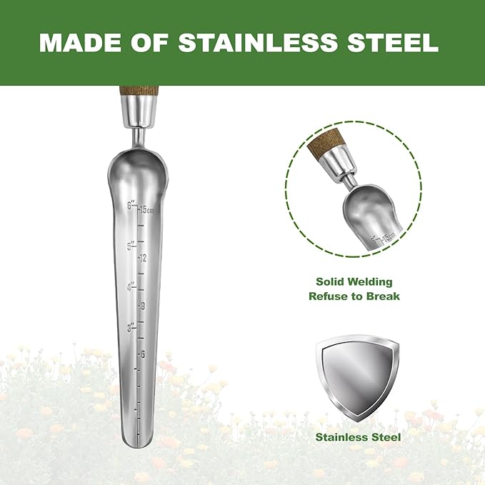Haliaeetus Seeding Widger with 6'' Scale, Stainless Steel Planting Trowel for Repotting, Long and Narrow Widger for Weeding from Tight Areas, Hand Transplanter with Wood Handle for Planting, Digging