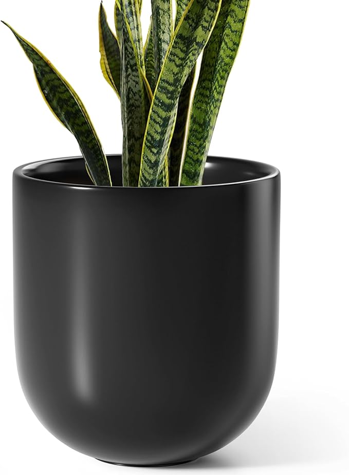 LE TAUCI 10 Inch Plant Pot, Ceramic Pots for Plants with Drainage Hole and Rubber Plug, Plant Pots Indoor for Olive Tree, Cylinder Planter Pot for Home Patio Office, Black