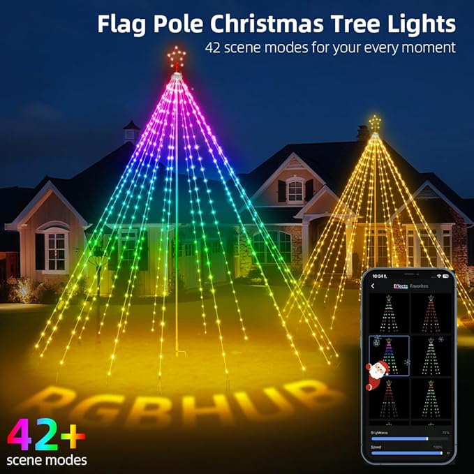 13.5ft,542 LEDs Smart Christmas Tree Lights Outdoor Pole set,App&Remote Control Large Waterfall String Lights,DIY RGB Colors,Music Sync,Timer,Waterproof Giant Tree Lights for Yard,Party,Xmas Decor