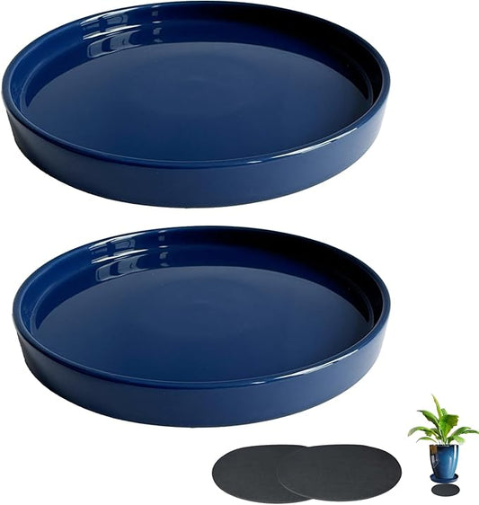 Ceramic Plant Saucer Pot Tray Blue 2pcs-12 Inch, Planter Saucers 4 5 6 7 8 9 10 11 12 Inch for Indoors Outdoor, Durable Sturdy Flower Drainage Tray for Glazed Pots Base (12.5 Inch-Blue)