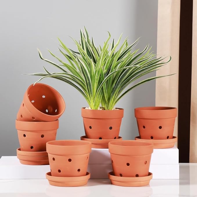 Yishang 4.6 Inch Clay Orchid Pots with Drainage Holes & Saucers - 6 Pack Small Terracotta Planter Pots for Repotting, Plant Flower Pots for Orchid Indoor & Outdoor, Promotes Air Circulation