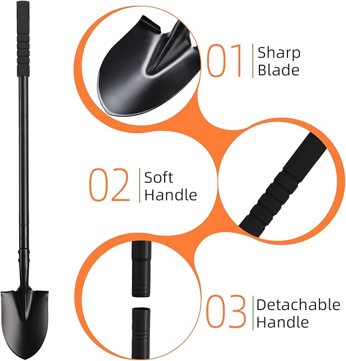 Small Shovel for Digging with Metal Handle, 43.7 Inch Heavy Duty Garden Shovel, Trench Shovels Ideal for Digging Gardening Trenching Planting Camping Transferring Scooping, Black