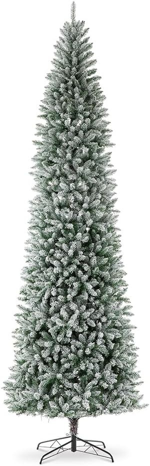 Glitzhome 11ft Pre-Lit Artificial Christmas Tree, Snowy Splendor Fir Hinged Pencil Christmas Tree Holiday Decoration with 950 Warm White Lights and Foldable Metal Stand, Easy Assembly