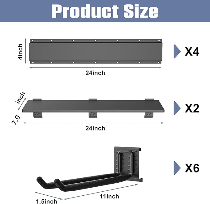 WALMANN Wall Mounted Garden Tool Rack with Shelves for Garage, Heavy Duty Folding Chair Hangers, 11-Inch Tool Storage Hooks for Shovels, Rakes, Ladders