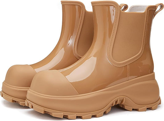 Women'S Waterproof Chunky Platform Chelsea Rain Boots Fashion Big Toe Comfort Slip-On Block Heel Outdoor Garden Work Ankle Boots Casual Lug Sole Non-Slip Combat Booties