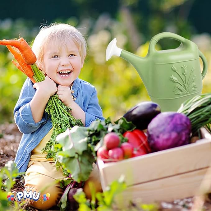 PMU 2 Gallon Watering Can - Garden Watering Can for Indoor & Outdoor Plants - Plastic Water Can with Detachable Sprinkler Head - Large Water Pot, Made in USA - Sage Green Pkg/6